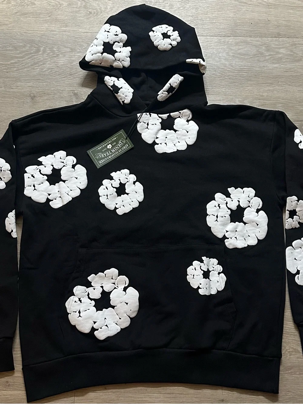 Men's Black Crewneck Sweater with White Floral Ring Prints